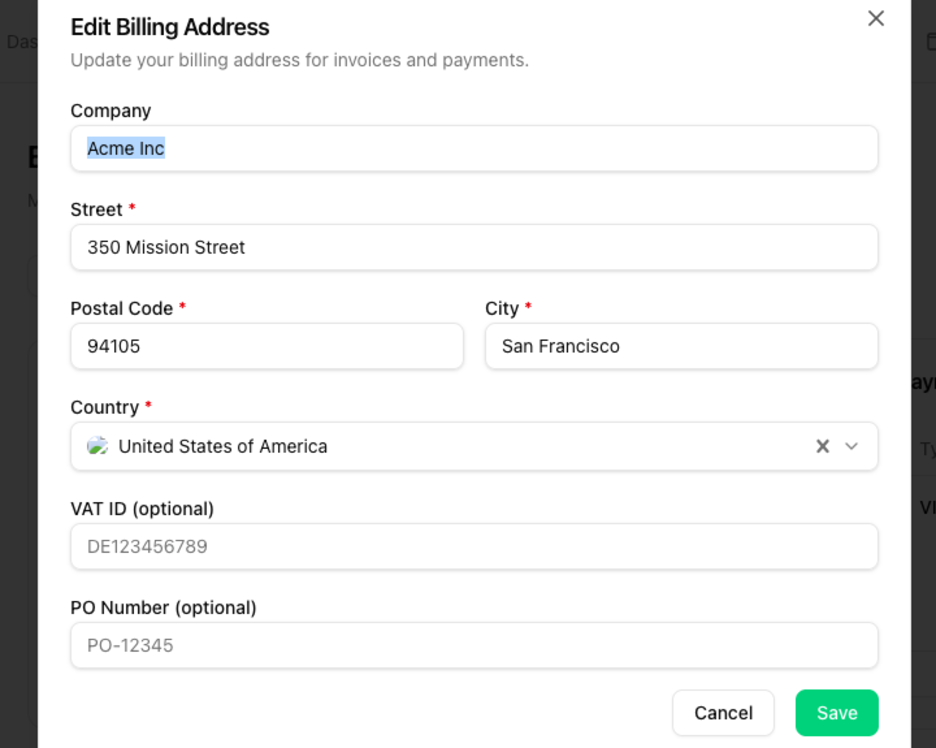 Edit Billing Address dialog