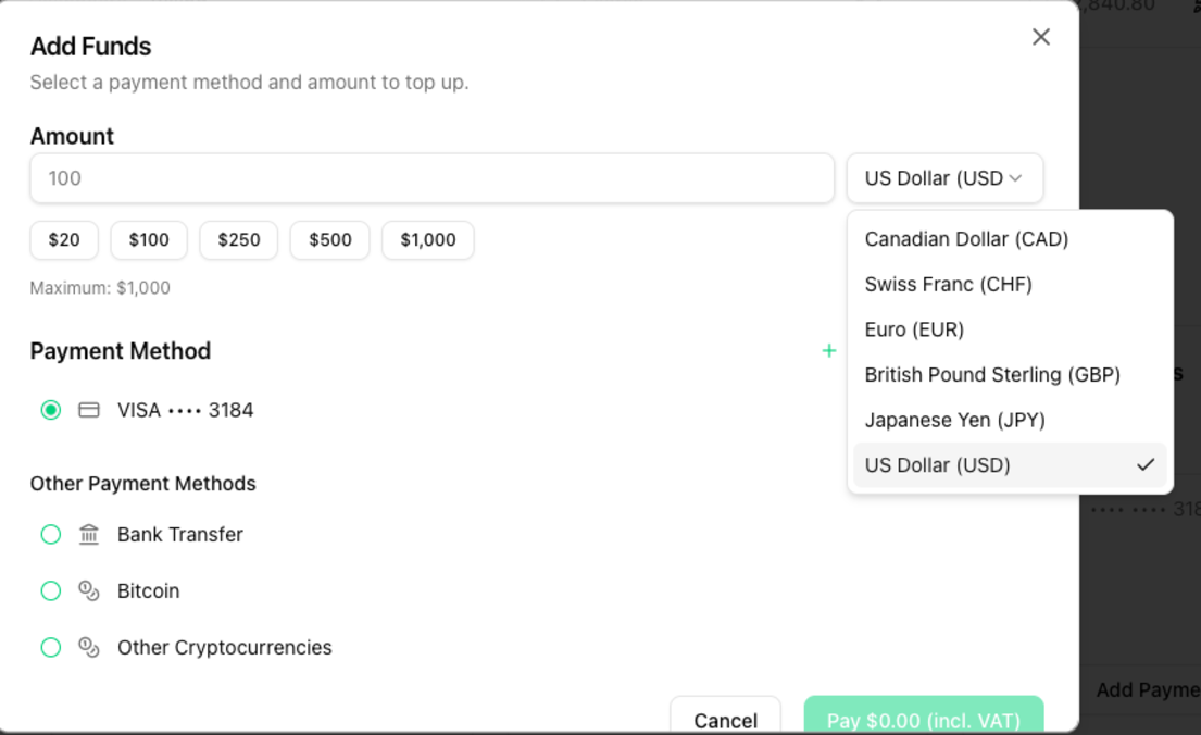 Currency picker in the Add Funds dialog