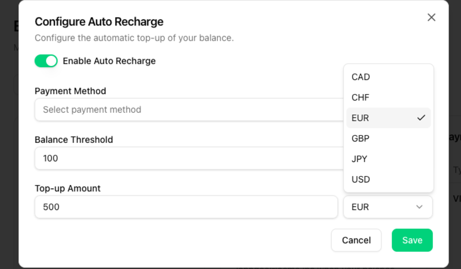Currency picker in the Auto Recharge dialog