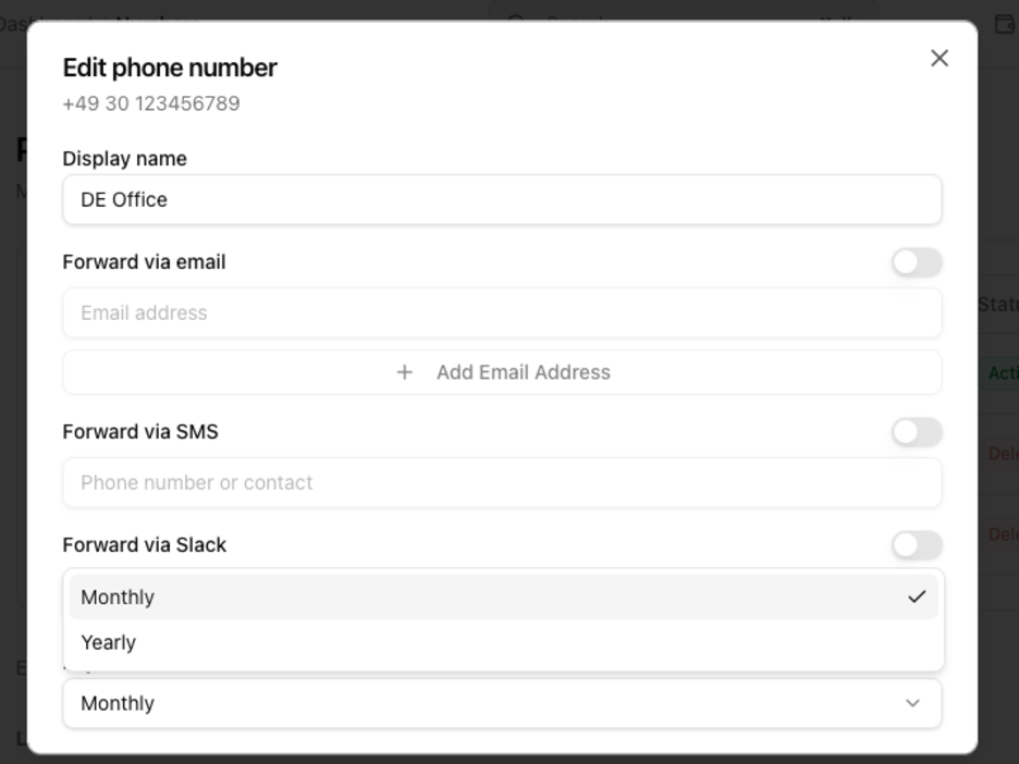 Edit phone number dialog with Payment interval dropdown open
