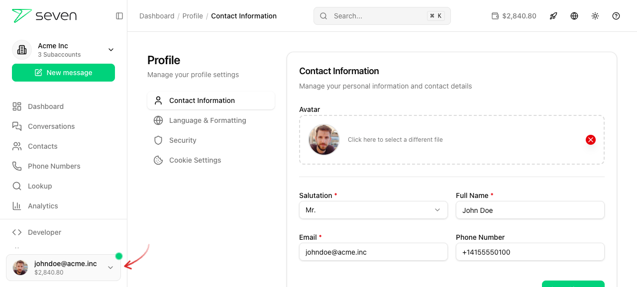 Profile avatar in the sidebar