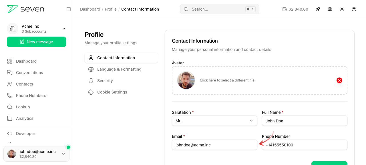 Contact Information with the Email field