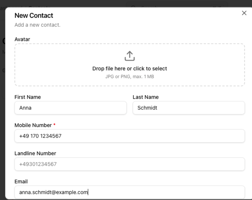 Phone number field in the contact form