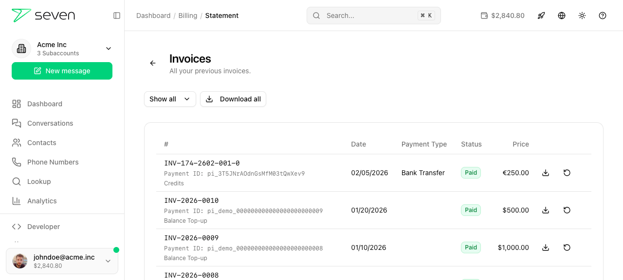 Invoice list with action buttons