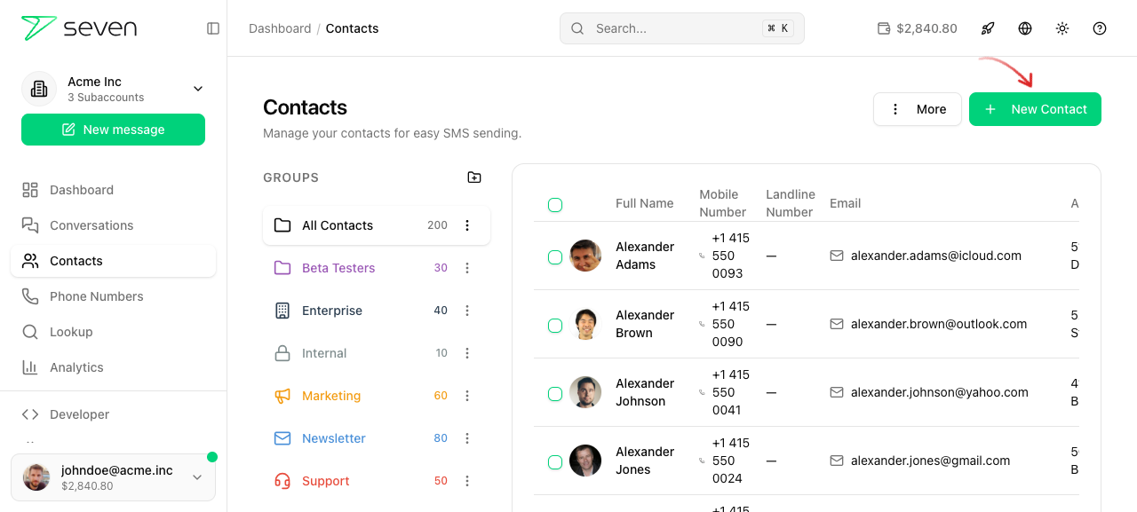 Contacts page with the New Contact button