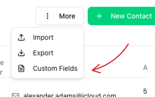 Contacts page with the More menu and Custom Fields entry