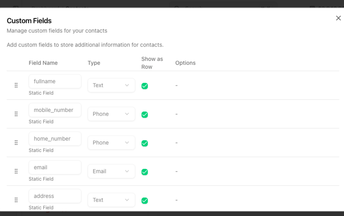 Custom Fields dialog with the field list, Type column and Show as Row toggle