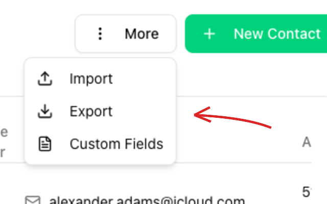 More menu on the Contacts page with arrow on Export