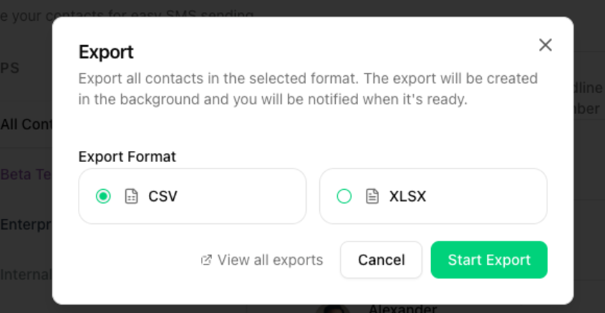 Export dialog with CSV/XLSX picker