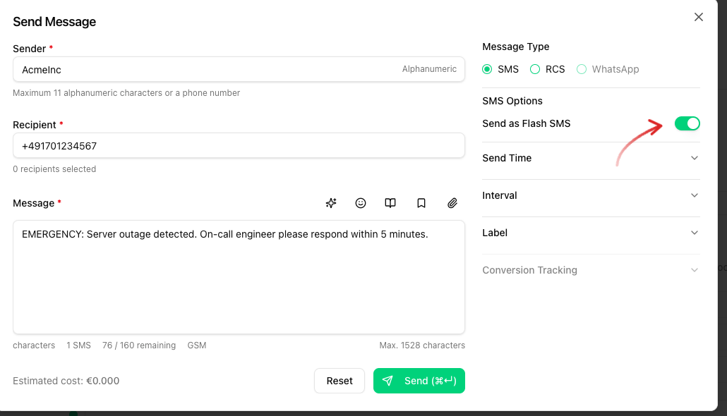 Send Message dialog with Send as Flash SMS toggle highlighted