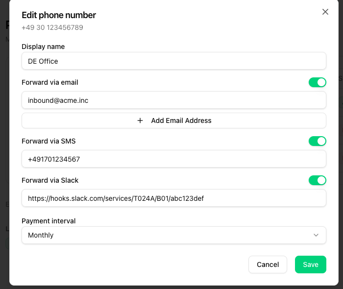 Edit phone number dialog with email, SMS and Slack forwarding enabled
