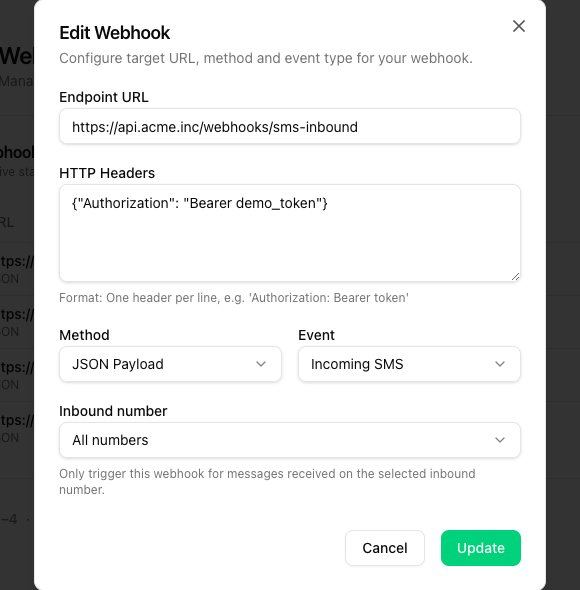 Edit Webhook dialog with Incoming SMS event selected