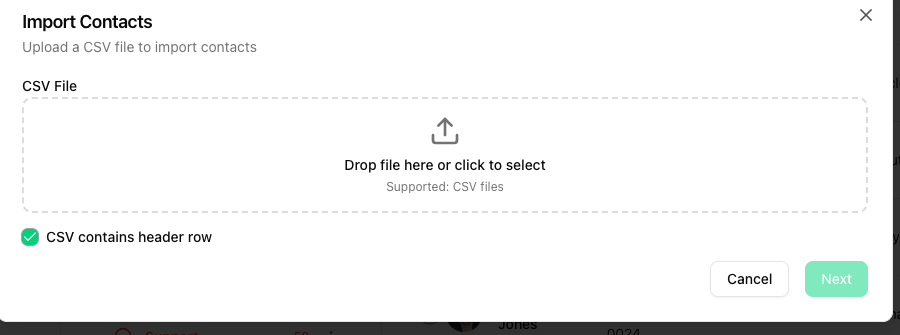 Import Contacts dialog with the CSV upload area and the CSV contains header row checkbox