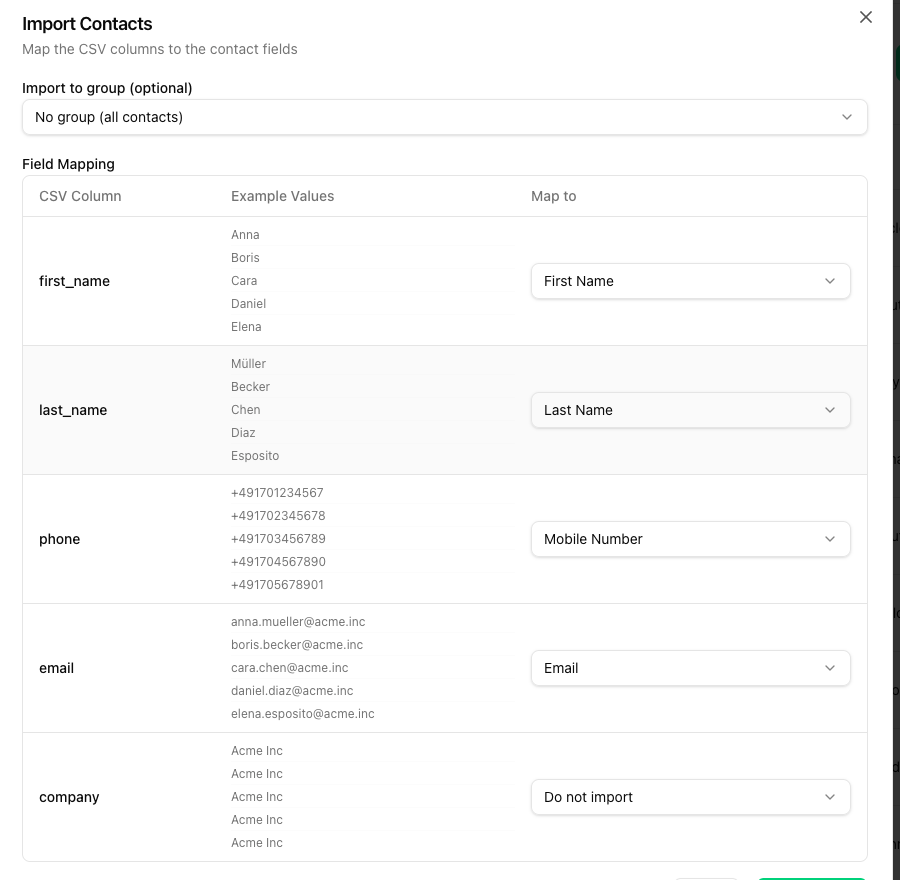 Import Contacts mapping step with CSV columns first_name, last_name, phone, email, company mapped to contact fields