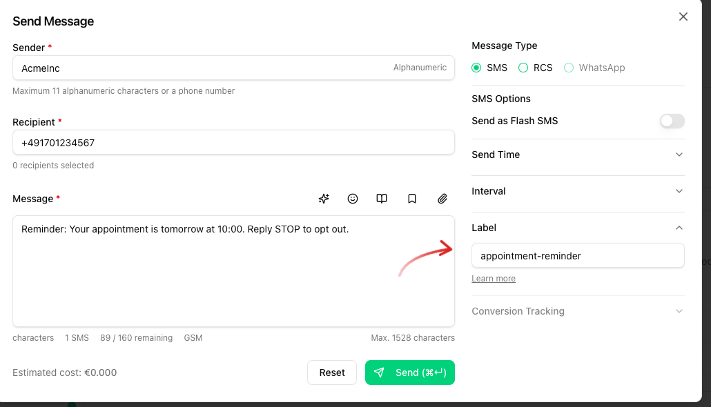 Send Message dialog with the Label field filled with appointment-reminder