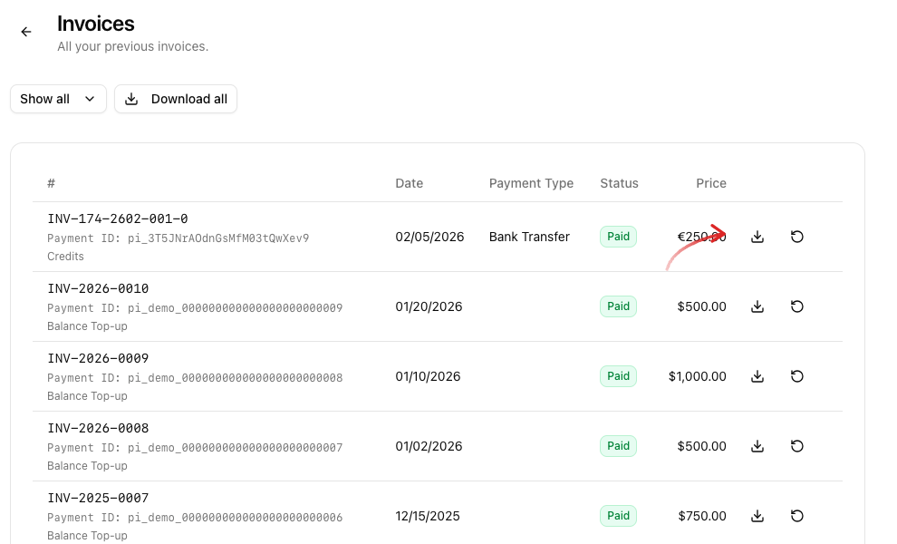 Invoices list with arrow on the download icon next to a single invoice