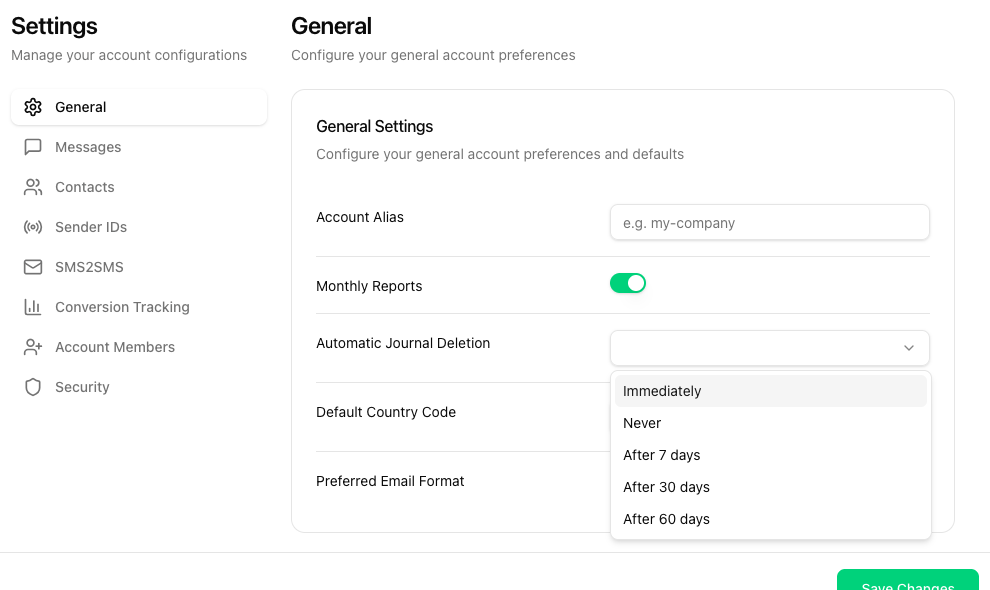 Settings -> General page with the Automatic Journal Deletion dropdown open showing Immediately / Never / After 7, 30, 60 days