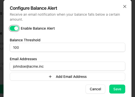 Configure Balance Alert dialog with the toggle on, threshold 100 and an email address