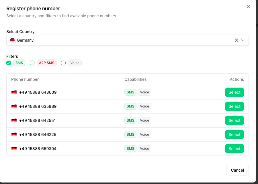 Register phone number dialog with country Germany and SMS filter