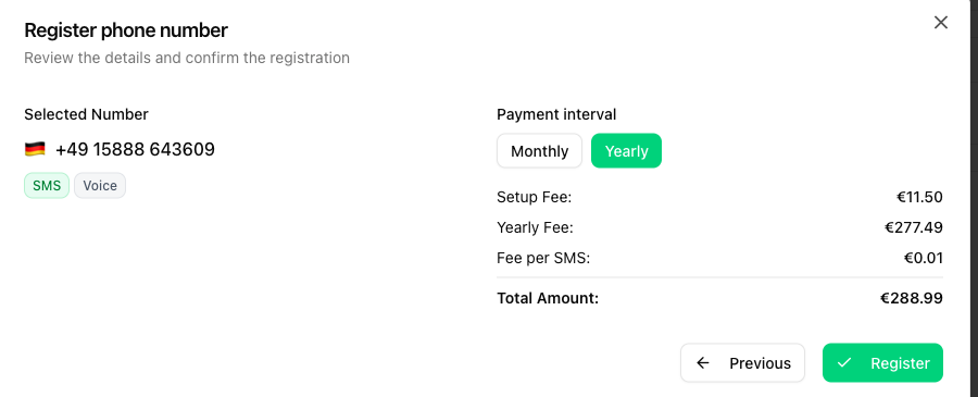 Confirmation dialog with selected number, payment interval and total amount
