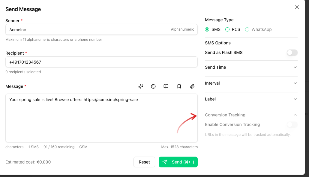 Send Message dialog with the Conversion Tracking section expanded and an arrow pointing at it