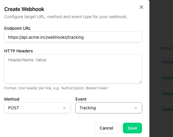 Create Webhook dialog with the Event dropdown set to Tracking
