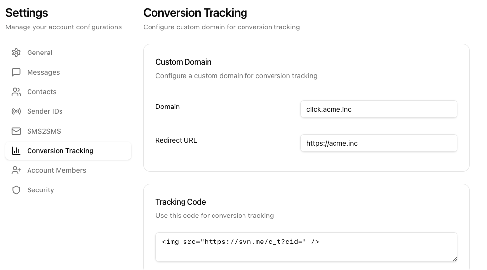 Settings -> Conversion Tracking page with Custom Domain, Redirect URL and Tracking Code fields