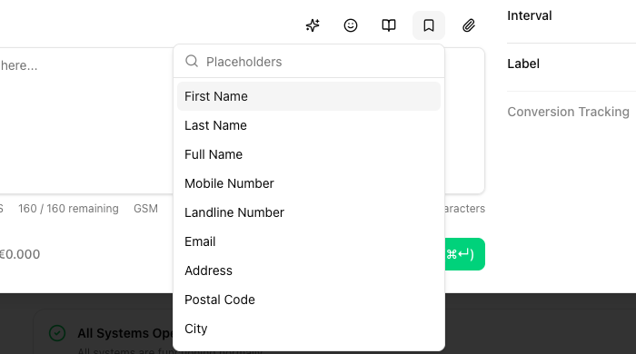 Send Message dialog with the Placeholders dropdown open showing First Name, Last Name, Full Name, Mobile Number, Landline Number, Email, Address, Postal Code, City
