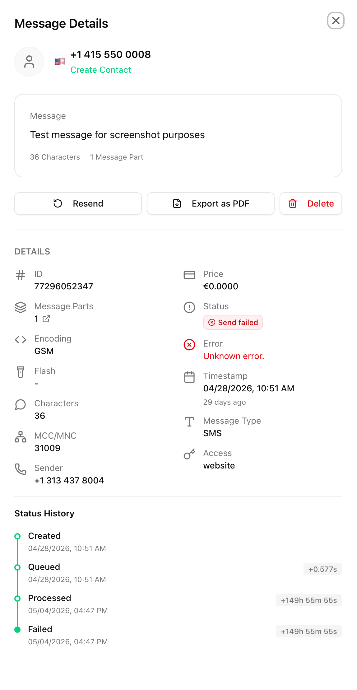 Message Details modal with message text, the "Resend", "Export as PDF" and "Delete" buttons and details such as ID, status, timestamp and status history