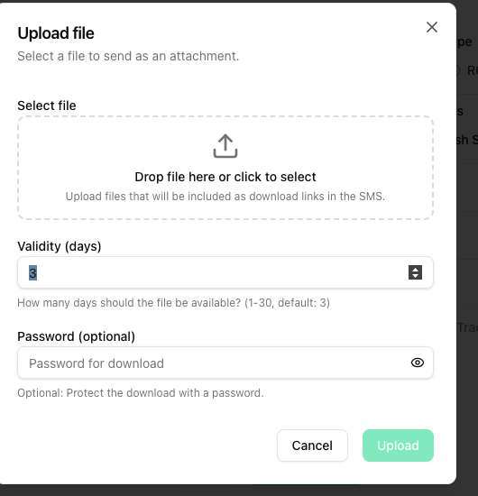 Upload file dialog with the file drop area, Validity (days) field defaulting to 3 and an optional Password field