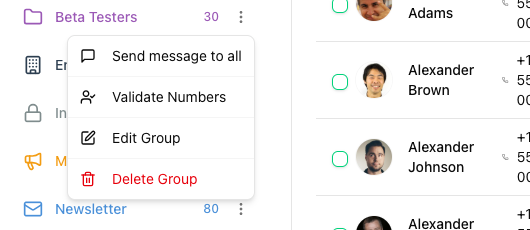 Group context menu in Contacts with Send message to all, Validate Numbers, Edit Group and Delete Group