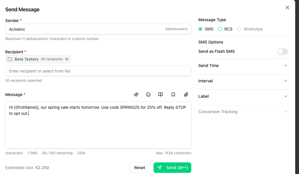 Send Message dialog with the Beta Testers group as recipient, a personalized message with a placeholder and an estimated cost