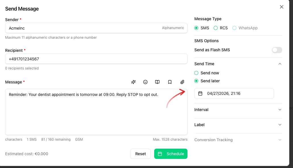 Send Message dialog with Send Time set to Send later, a future date/time selected and a Schedule button at the bottom