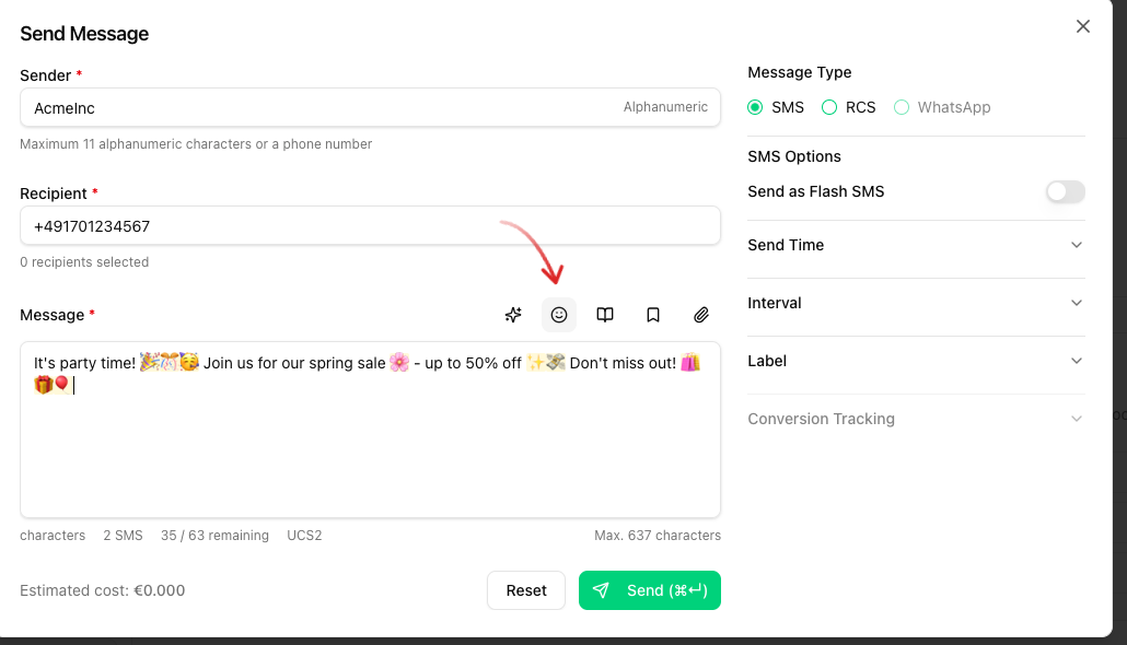 Send Message dialog with arrow on the smiley emoji icon in the message toolbar