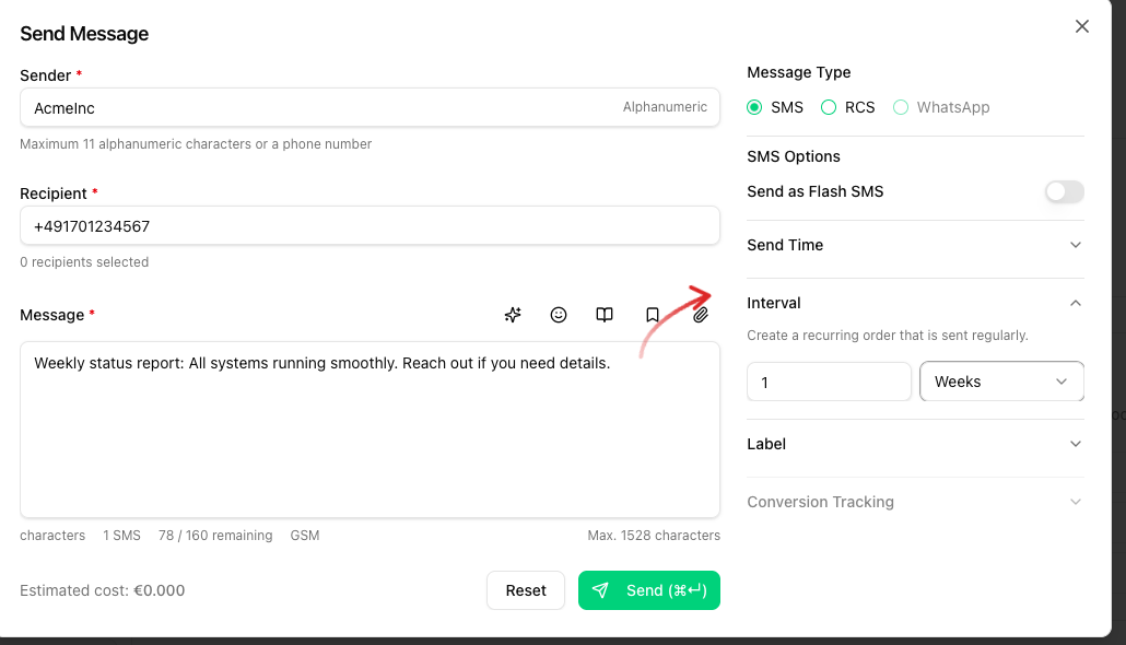 Send Message dialog with Interval set to 1 Weeks and an arrow pointing at the Interval section