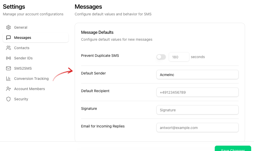 Settings -> Messages with the Default Sender field set to AcmeInc and an arrow pointing at it