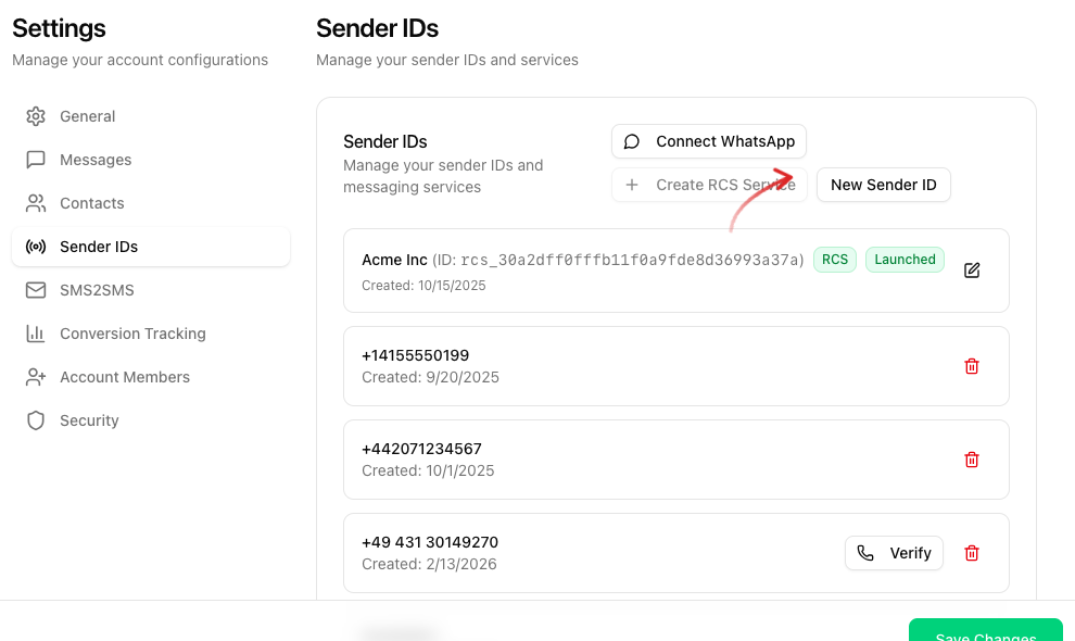 Settings -> Sender IDs page with Acme Inc RCS sender, several phone numbers and an arrow on the New Sender ID button