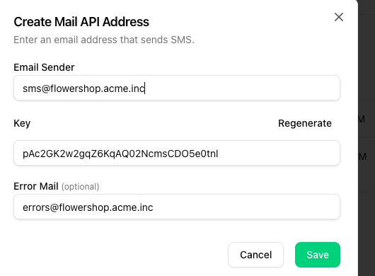 Create Mail API Address dialog with Email Sender, Key and Error Mail fields