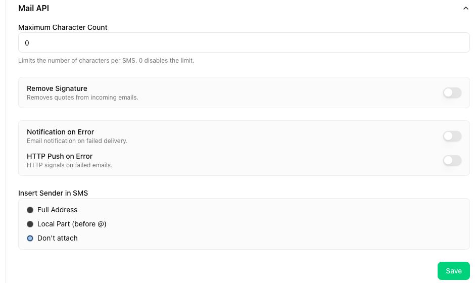 Mail API settings panel with Maximum Character Count, Remove Signature, Notification on Error, HTTP Push on Error and Insert Sender in SMS options
