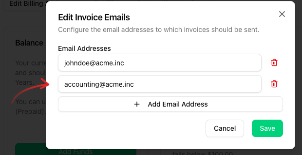 Edit Invoice Emails dialog with two email addresses, accounting@acme.inc highlighted by an arrow