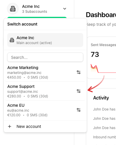 Account switcher with main account and three subaccounts including balances