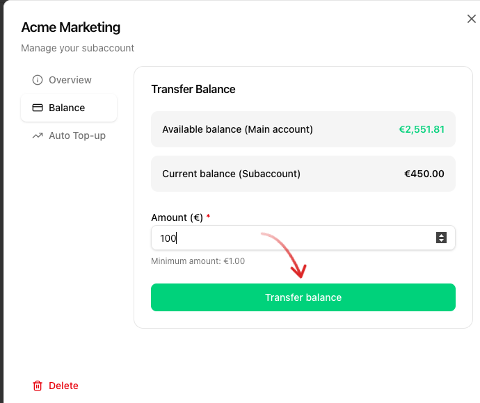 Balance tab with Available balance, Current balance, Amount field and Transfer balance button