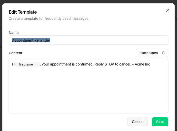 Edit Template modal with name, content editor and a firstname pill in the text