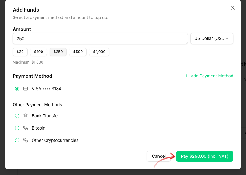 Add Funds modal with amounts, payment methods and an arrow on the Pay button