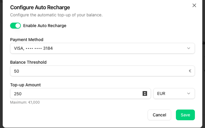 Configure Auto Recharge modal with toggle on, VISA, threshold 50 € and top-up 250 €