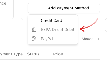 Add Payment Method dropdown with Credit Card, SEPA Direct Debit and PayPal, arrow on SEPA Direct Debit