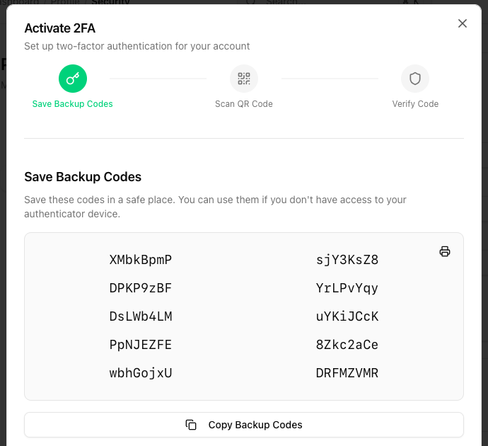 Backup codes step of the Activate 2FA wizard with ten 8-character codes