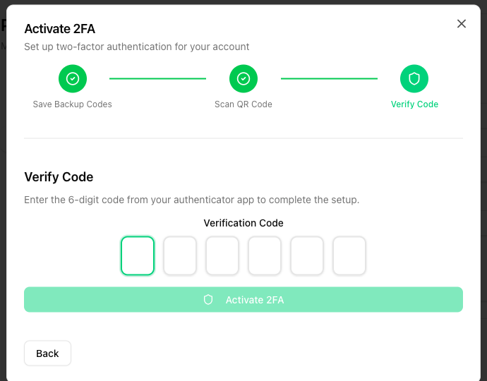 Verify code step with six input boxes and the Activate 2FA button