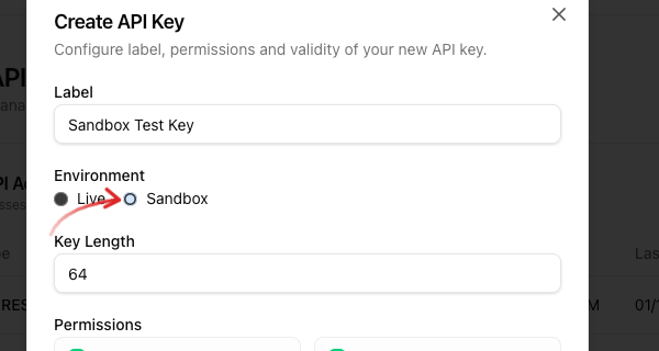Create API Key dialog with label, Live/Sandbox environment radio and an arrow on Sandbox