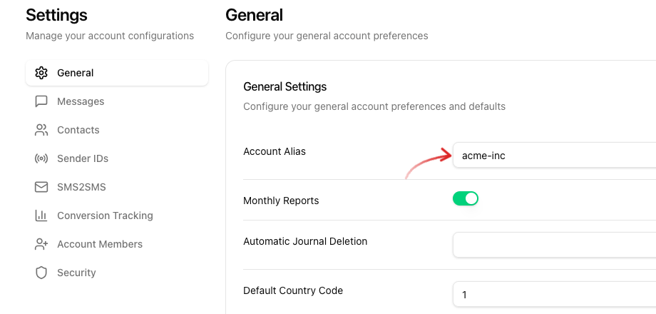 Settings -> General with Account Alias acme-inc and arrow on the field